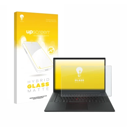 Vorderseite einer Produktverpackung mit dem Markenlogo upscreen. Daneben ist das Gerät Lenovo ThinkPad P1 Gen 6 16" mit dem zu