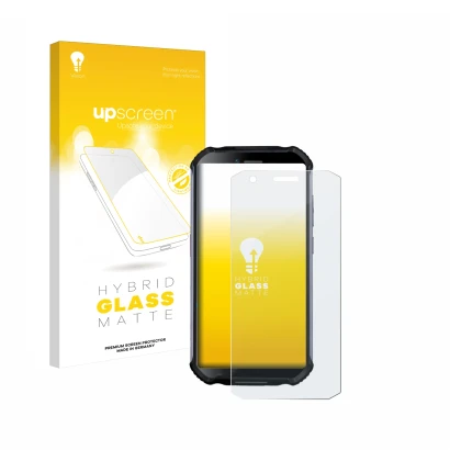 Vorderseite einer Produktverpackung mit dem Markenlogo upscreen. Daneben ist das Gerät Doogee S41 Plus mit dem zugehörigen Dis