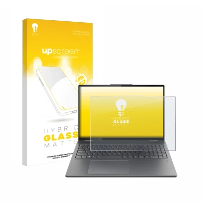 Vorderseite einer Produktverpackung mit dem Markenlogo upscreen. Daneben ist das Gerät Lenovo Yoga 7i 2-in-1 Gen 9 16" mit dem