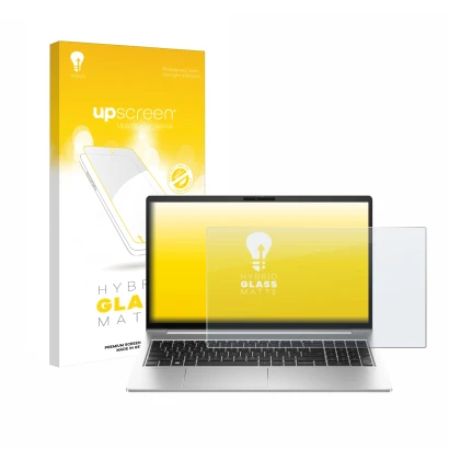 Vorderseite einer Produktverpackung mit dem Markenlogo upscreen. Daneben ist das Gerät HP EliteBook 640 G10 mit dem zugehörige