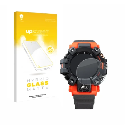 Vorderseite einer Produktverpackung mit dem Markenlogo upscreen. Daneben ist das Gerät Casio G-Shock GW-9500 mit dem zugehörig