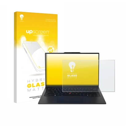 Vorderseite einer Produktverpackung mit dem Markenlogo upscreen. Daneben ist das Gerät Lenovo ThinkPad X1 Carbon Gen 12 14" mi