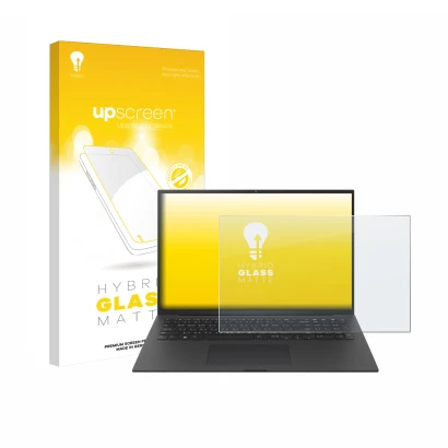 Vorderseite einer Produktverpackung mit dem Markenlogo upscreen. Daneben ist das Gerät LG gram Pro 17 2024 mit dem zugehörigen