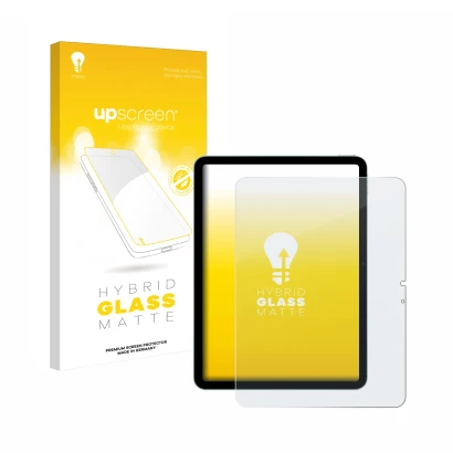 Vorderseite einer Produktverpackung mit dem Markenlogo upscreen. Daneben ist das Gerät Apple iPad Air 11" M2 2024 mit dem zuge