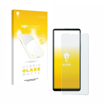 Vorderseite einer Produktverpackung mit dem Markenlogo upscreen. Daneben ist das Gerät Sony Xperia 10 VI mit dem zugehörigen D