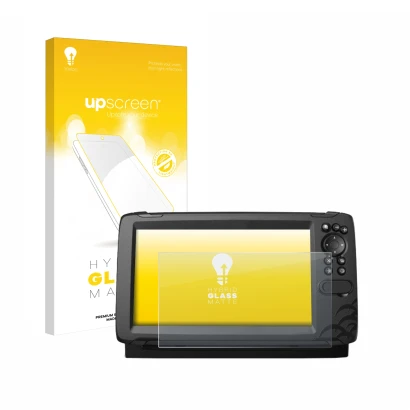 Vorderseite einer Produktverpackung mit dem Markenlogo upscreen. Daneben ist das Gerät Lowrance HOOK Reveal 9 mit dem zugehöri