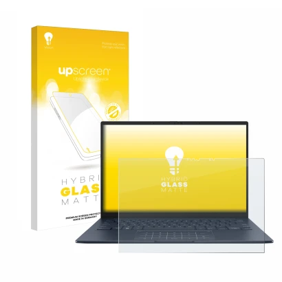 Vorderseite einer Produktverpackung mit dem Markenlogo upscreen. Daneben ist das Gerät ASUS ZenBook 14 OLED UX3405 Touch mit d