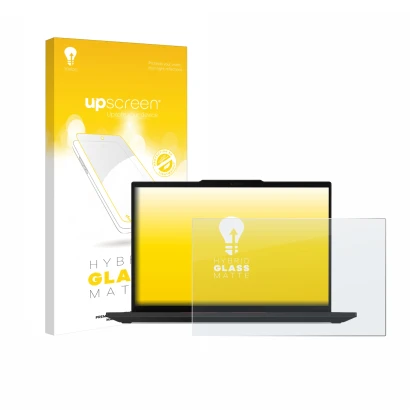 Vorderseite einer Produktverpackung mit dem Markenlogo upscreen. Daneben ist das Gerät Lenovo ThinkPad P14s Gen 5 14" mit dem 