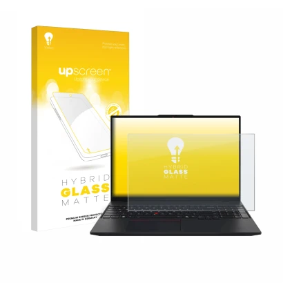 Vorderseite einer Produktverpackung mit dem Markenlogo upscreen. Daneben ist das Gerät Lenovo ThinkPad L16 Gen 1 mit dem zugeh