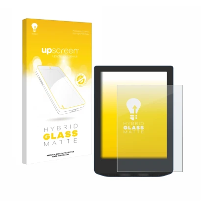 Vorderseite einer Produktverpackung mit dem Markenlogo upscreen. Daneben ist das Gerät PocketBook Verse Pro Color mit dem zuge