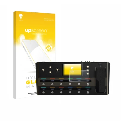 Vorderseite einer Produktverpackung mit dem Markenlogo upscreen. Daneben ist das Gerät Headrush Prime mit dem zugehörigen Disp