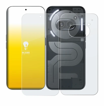 Abbildung des Geräts Nothing Phone (2a) Plus (Display+Rückseite) mit einer Vielzahl des Displayschutzes.
