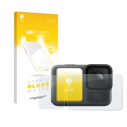 Vorderseite einer Produktverpackung mit dem Markenlogo upscreen. Daneben ist das Gerät GoPro Hero 13 Black mit dem zugehörigen