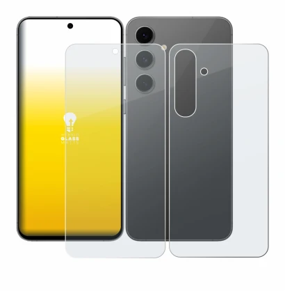 Abbildung des Geräts Samsung Galaxy S24 FE (Display+Rückseite) mit einer Vielzahl des Displayschutzes.