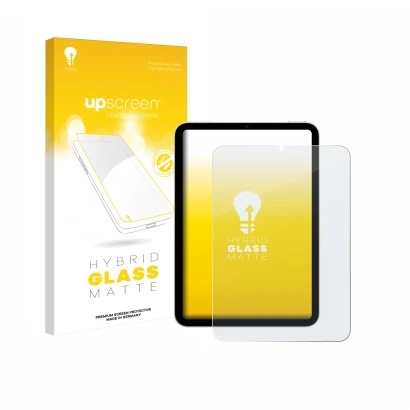 Vorderseite einer Produktverpackung mit dem Markenlogo upscreen. Daneben ist das Gerät Apple iPad Mini 7 2024 mit dem zugehöri