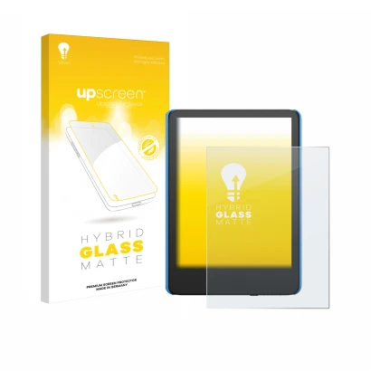 Vorderseite einer Produktverpackung mit dem Markenlogo upscreen. Daneben ist das Gerät Amazon Kindle Kids (2024) mit dem zugeh