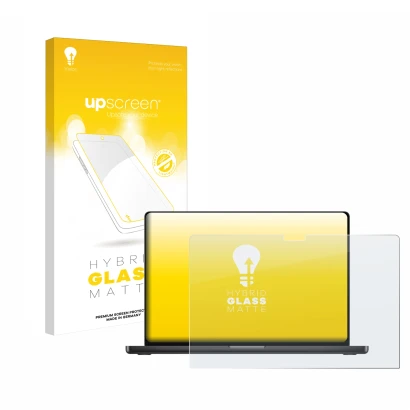 Vorderseite einer Produktverpackung mit dem Markenlogo upscreen. Daneben ist das Gerät Apple MacBook Pro 16