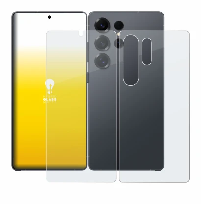 Abbildung des Geräts Samsung Galaxy S25 Ultra (Display+Rückseite) mit einer Vielzahl des Displayschutzes.