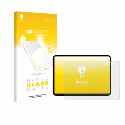 Vorderseite einer Produktverpackung mit dem Markenlogo upscreen. Daneben ist das Gerät Apple iPad Air 11