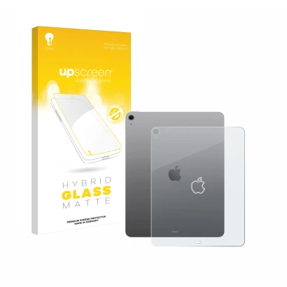 Vorderseite einer Produktverpackung mit dem Markenlogo upscreen. Daneben ist das Gerät Apple iPad Air 13" M3 2025 (Rückseite) 