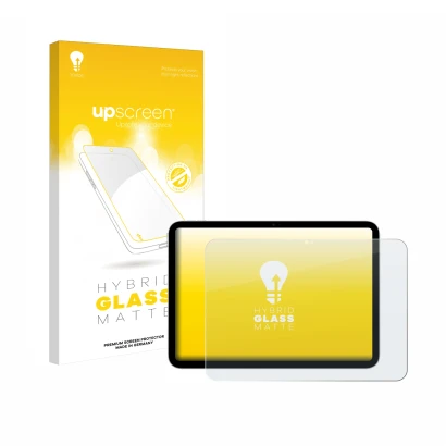 Vorderseite einer Produktverpackung mit dem Markenlogo upscreen. Daneben ist das Gerät Apple iPad A16 11" 2025 (11. Gen.) mit 