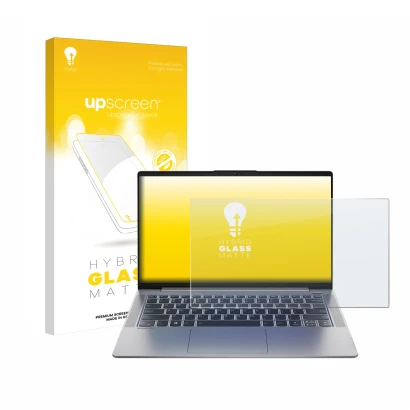 Vorderseite einer Produktverpackung mit dem Markenlogo upscreen. Daneben ist das Gerät Lenovo IdeaPad 5 14ALC05 mit dem zugehö