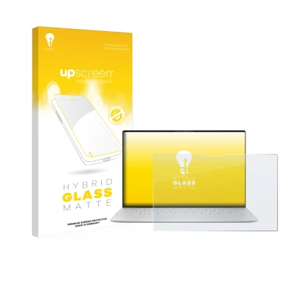 Vorderseite einer Produktverpackung mit dem Markenlogo upscreen. Daneben ist das Gerät Dell XPS 13 9350 2024 mit dem zugehörig