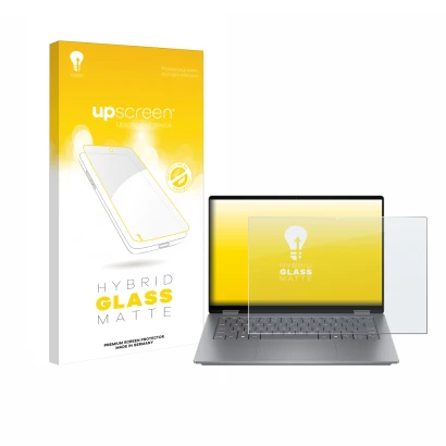 Vorderseite einer Produktverpackung mit dem Markenlogo upscreen. Daneben ist das Gerät HP OmniBook X Flip 14 mit dem zugehörig