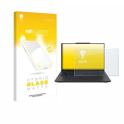 Vorderseite einer Produktverpackung mit dem Markenlogo upscreen. Daneben ist das Gerät Lenovo ThinkPad X13 Gen 6 mit dem zugeh