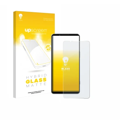 Vorderseite einer Produktverpackung mit dem Markenlogo upscreen. Daneben ist das Gerät Sony Xperia 1 VII mit dem zugehörigen D