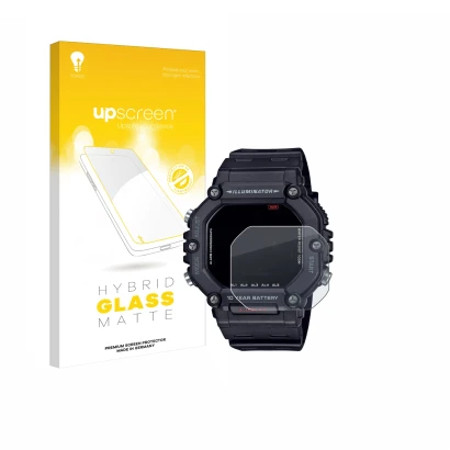 Vorderseite einer Produktverpackung mit dem Markenlogo upscreen. Daneben ist das Gerät Casio AE-1600H mit dem zugehörigen Disp