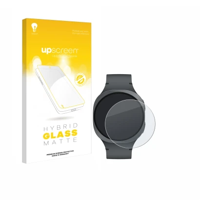 Vorderseite einer Produktverpackung mit dem Markenlogo upscreen. Daneben ist das Gerät Samsung Galaxy Watch 8 (40 mm) mit dem 