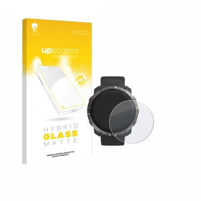 Vorderseite einer Produktverpackung mit dem Markenlogo upscreen. Daneben ist das Gerät Polar Grit X2 mit dem zugehörigen Displ