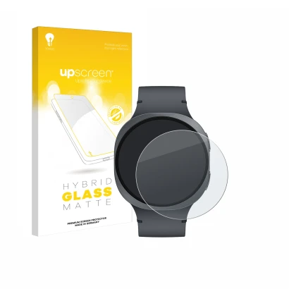 Vorderseite einer Produktverpackung mit dem Markenlogo upscreen. Daneben ist das Gerät Samsung Galaxy Watch 8 (44 mm) mit dem 