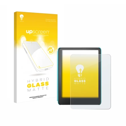 Vorderseite einer Produktverpackung mit dem Markenlogo upscreen. Daneben ist das Gerät Amazon Kindle Colorsoft Kids mit dem zu