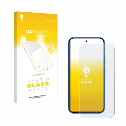 Vorderseite einer Produktverpackung mit dem Markenlogo upscreen. Daneben ist das Gerät Google Pixel 10 mit dem zugehörigen Dis