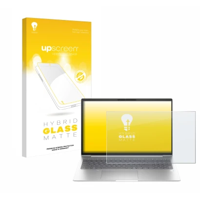 Vorderseite einer Produktverpackung mit dem Markenlogo upscreen. Daneben ist das Gerät HP EliteBook 6 G1i 16 mit dem zugehörig