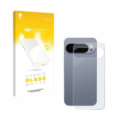 Vorderseite einer Produktverpackung mit dem Markenlogo upscreen. Daneben ist das Gerät Google Pixel 10 Pro XL (Rückseite) mit 