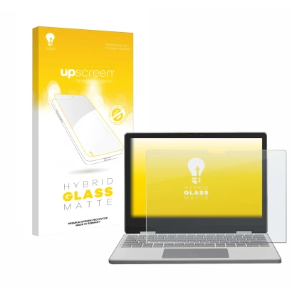 Vorderseite einer Produktverpackung mit dem Markenlogo upscreen. Daneben ist das Gerät Framework Laptop 12 mit dem zugehörigen