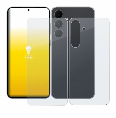 Abbildung des Geräts Samsung Galaxy S25 FE (Display+Rückseite) mit einer Vielzahl des Displayschutzes.