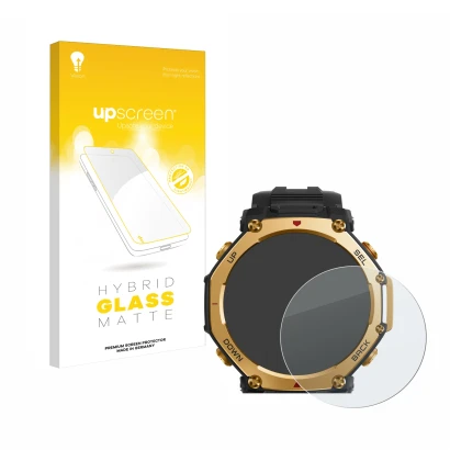 Vorderseite einer Produktverpackung mit dem Markenlogo upscreen. Daneben ist das Gerät Huami Amazfit T-Rex 3 Pro (48 mm) mit d