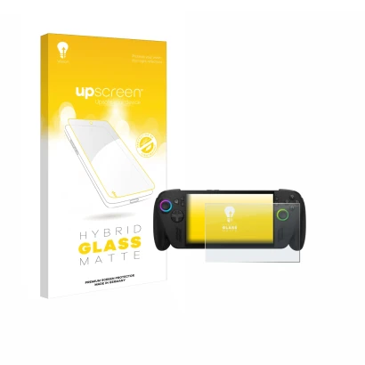 Vorderseite einer Produktverpackung mit dem Markenlogo upscreen. Daneben ist das Gerät ASUS ROG Ally X 2025 mit dem zugehörige