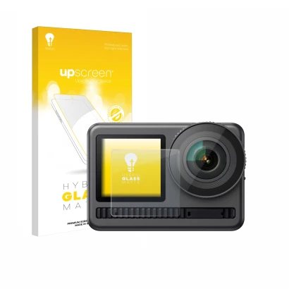 Vorderseite einer Produktverpackung mit dem Markenlogo upscreen. Daneben ist das Gerät Akaso Brave 8 (Vorderes Display) mit de