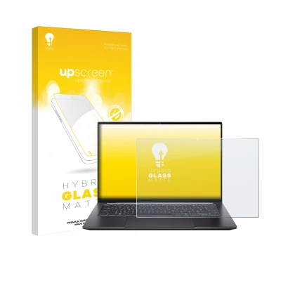 Vorderseite einer Produktverpackung mit dem Markenlogo upscreen. Daneben ist das Gerät Acer Swift X 14 SFX14-73G Touch mit dem