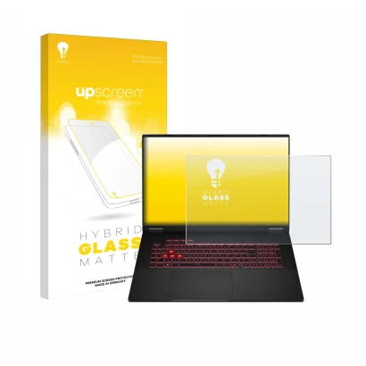 Vorderseite einer Produktverpackung mit dem Markenlogo upscreen. Daneben ist das Gerät ASUS TUF Gaming A18 2025 mit dem zugehö