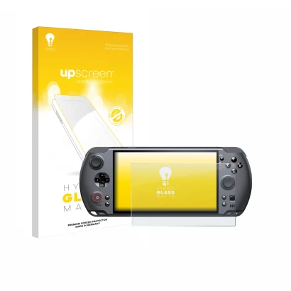 Vorderseite einer Produktverpackung mit dem Markenlogo upscreen. Daneben ist das Gerät GPD Win 5 mit dem zugehörigen Displaysc