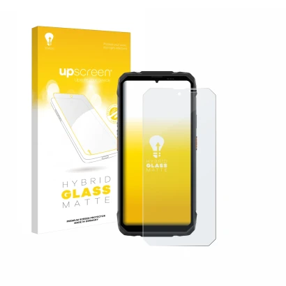 Vorderseite einer Produktverpackung mit dem Markenlogo upscreen. Daneben ist das Gerät Blackview Rock 1 mit dem zugehörigen Di