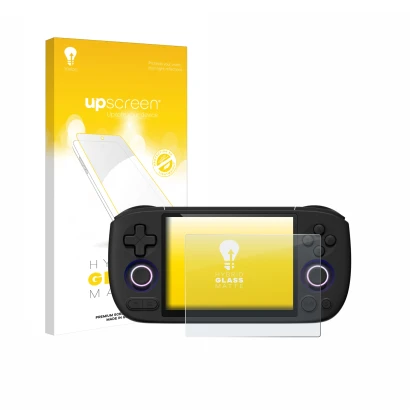 Vorderseite einer Produktverpackung mit dem Markenlogo upscreen. Daneben ist das Gerät Ayaneo Pocket Air Mini mit dem zugehöri