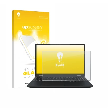 Vorderseite einer Produktverpackung mit dem Markenlogo upscreen. Daneben ist das Gerät Tuxedo InfinityBook Max 15 Gen 10 mit d