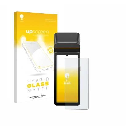 Vorderseite einer Produktverpackung mit dem Markenlogo upscreen. Daneben ist das Gerät Sunmi V3 A13 mit dem zugehörigen Displa